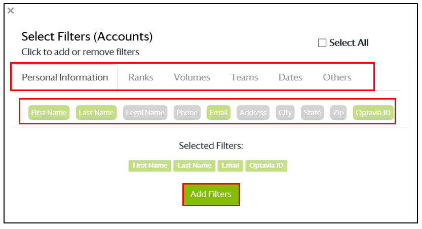 Define Your Own Report - select filters.