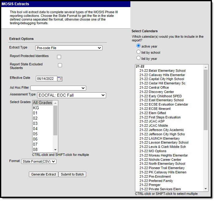 Screenshot of the MOSIS Pre-code File: EOC Fall Assessment Type editor.