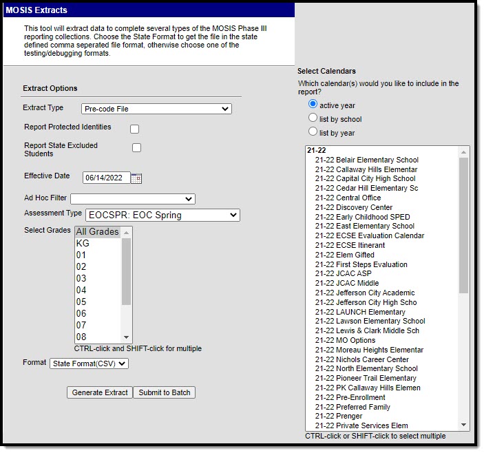 Screenshot of the MOSIS Pre-Code File: EOC Spring Assessment Type editor.