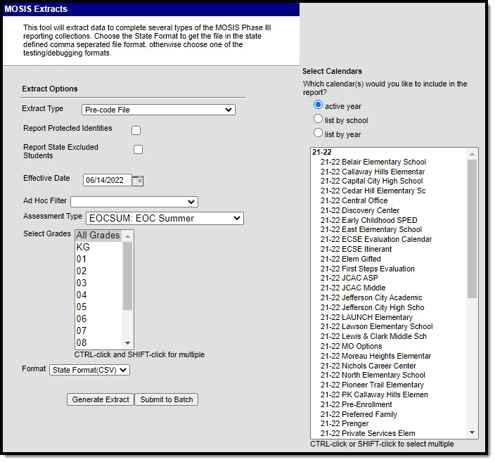 Screenshot of the MOSIS Pre-Code File: EOC Summer Assessment Type editor.