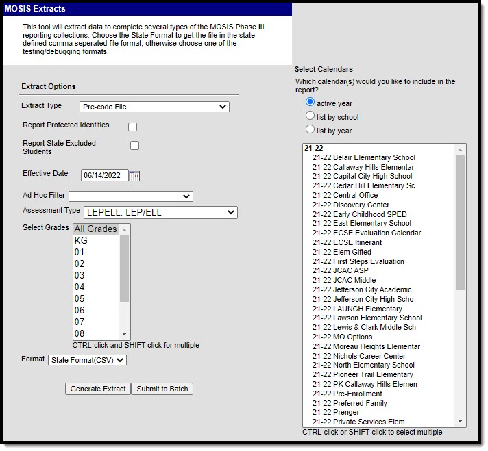 Screenshot of the MOSIS Pre-Code File: LEP/ELL Assessment Type editor.
