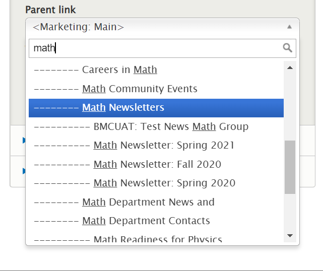 screenshot menu settings parent link search for correct link