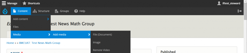 drupal admin toolbar with Content>Media>Add media selected