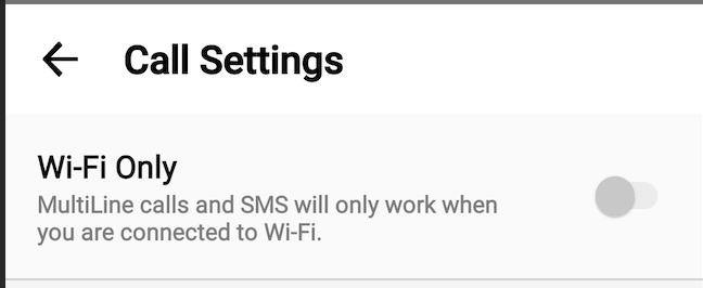 Call Settings Menu showing Wi-Fi Only setting with toggle off