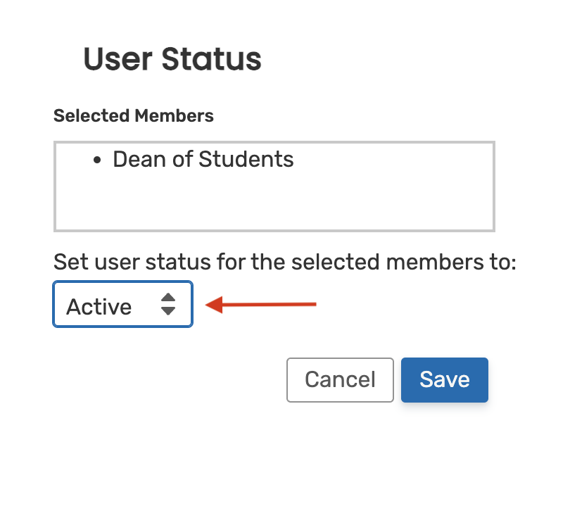 The Active/Inactive dropdown on the User Status editing window.