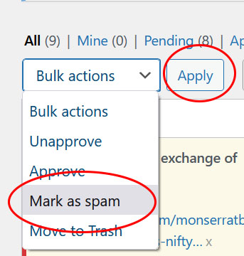 wordpress comment list view with bulk mark as spam action shown