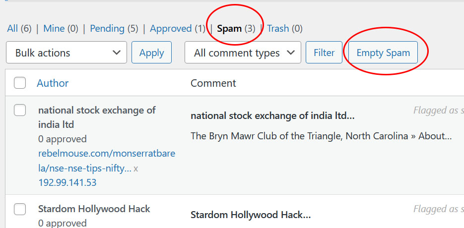 wordpress comment list view spam tab with empty spam button highlighted