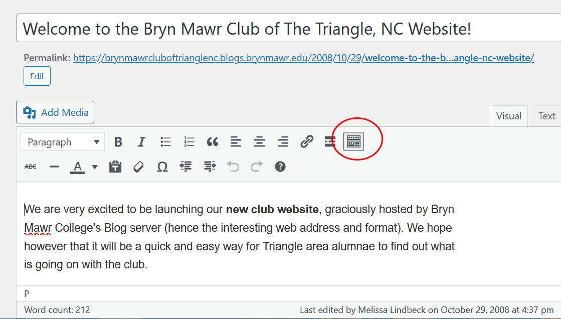 wordpress post edit screen wysiwyg toolbar button highlighted