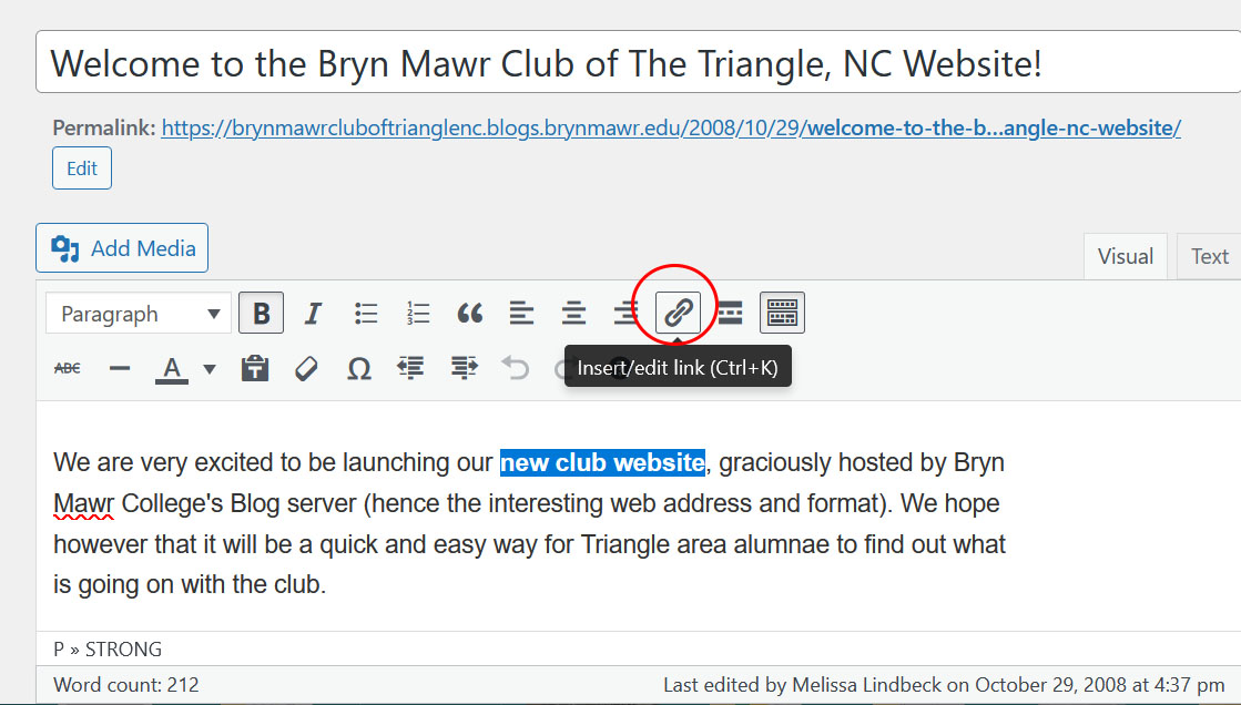 wordpress post edit screen wysiwyg toolbar link button highlighted