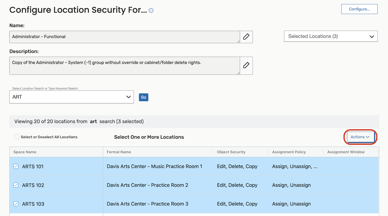 The Actions menu on the location security configuration page.