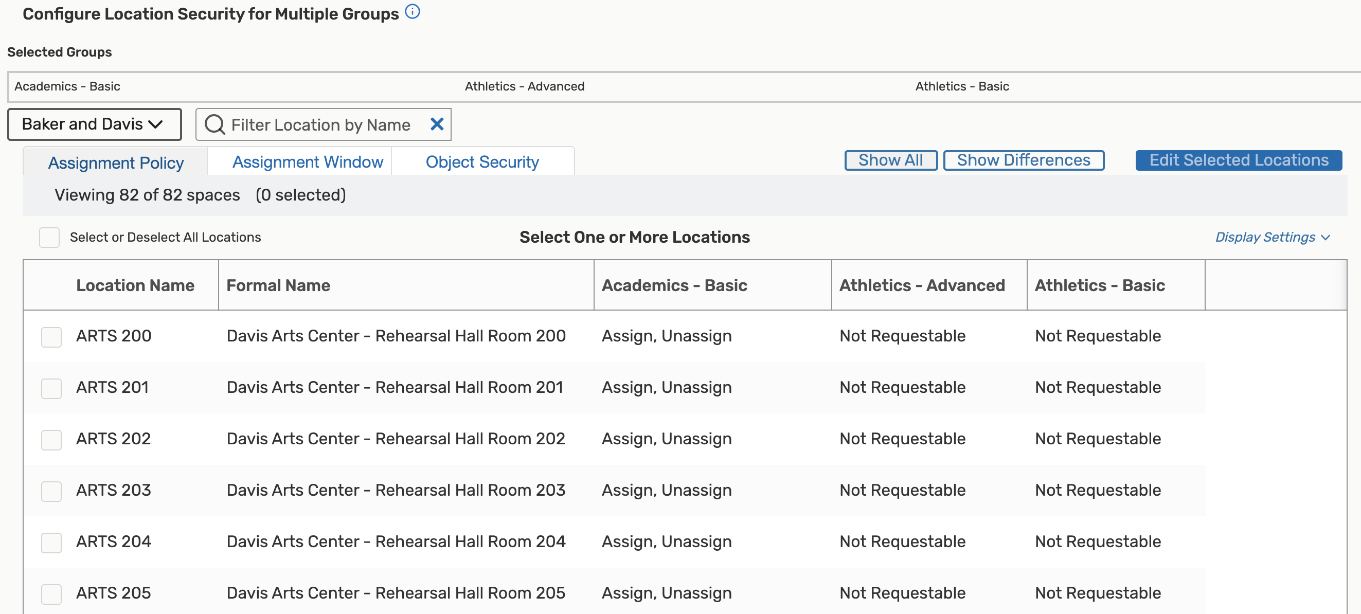 Configure Location Security for Multiple Groups options.