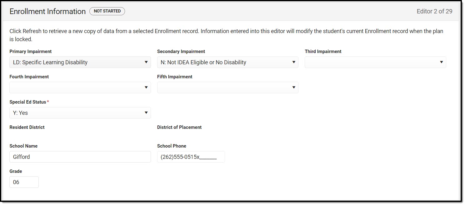 Screenshot of Enrollment information editor.