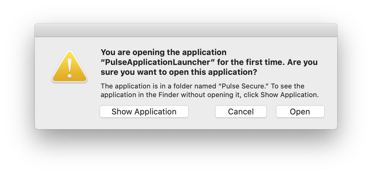 An alert dialogue box asking whether to open Pulse Application Launcher for the first time