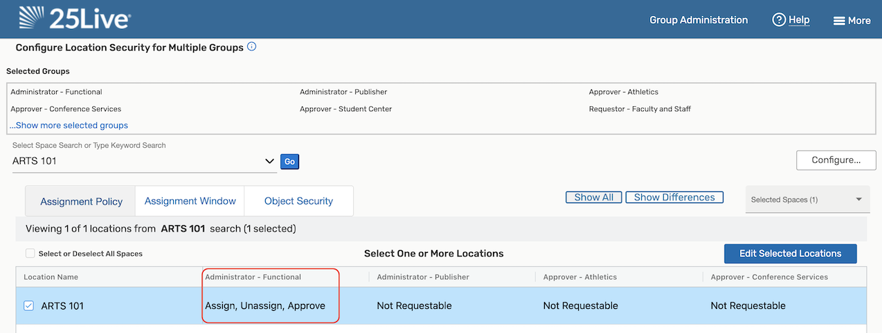 Configure Location Security for Multiple Groups options.