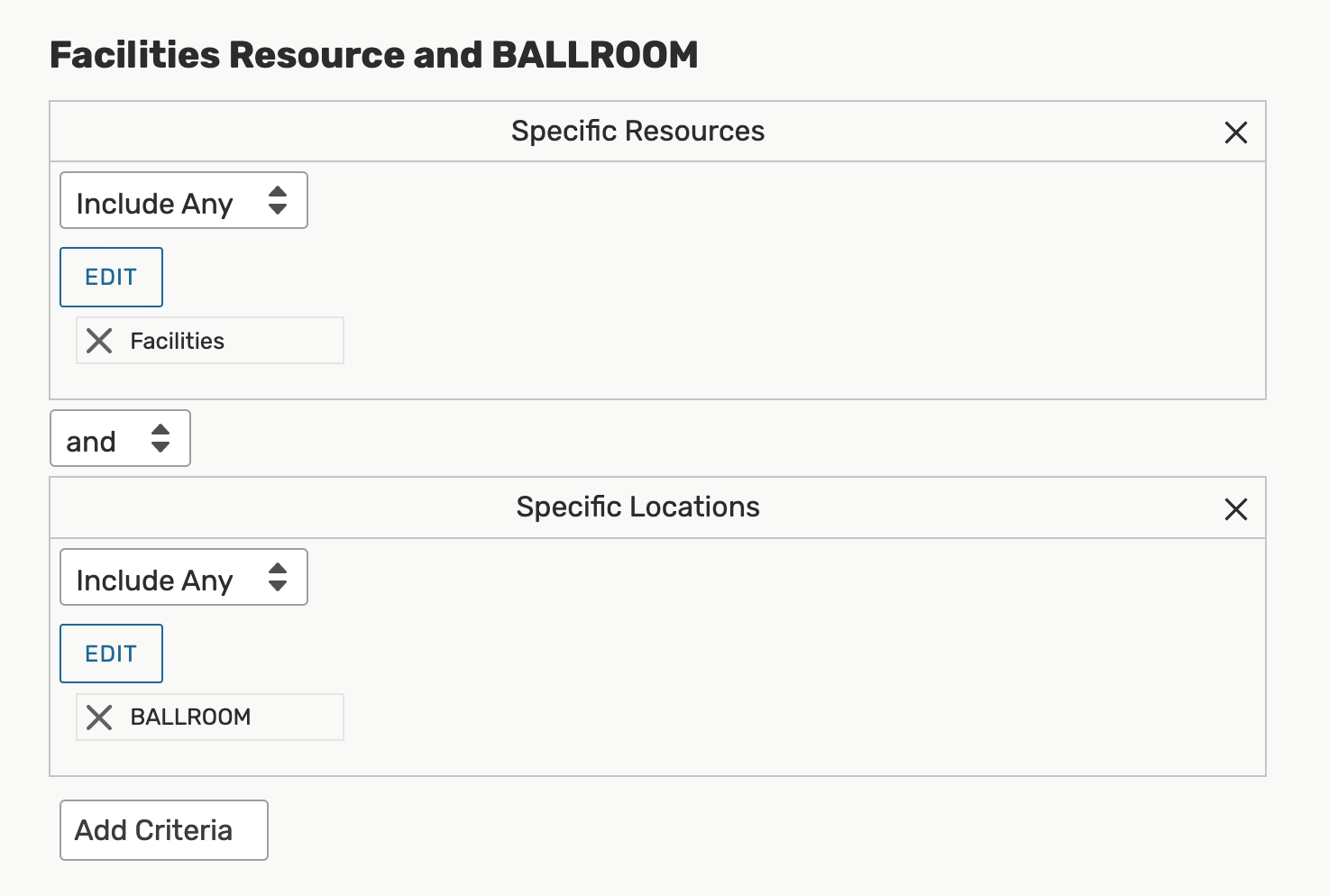 Event search with a specific resource and location selected