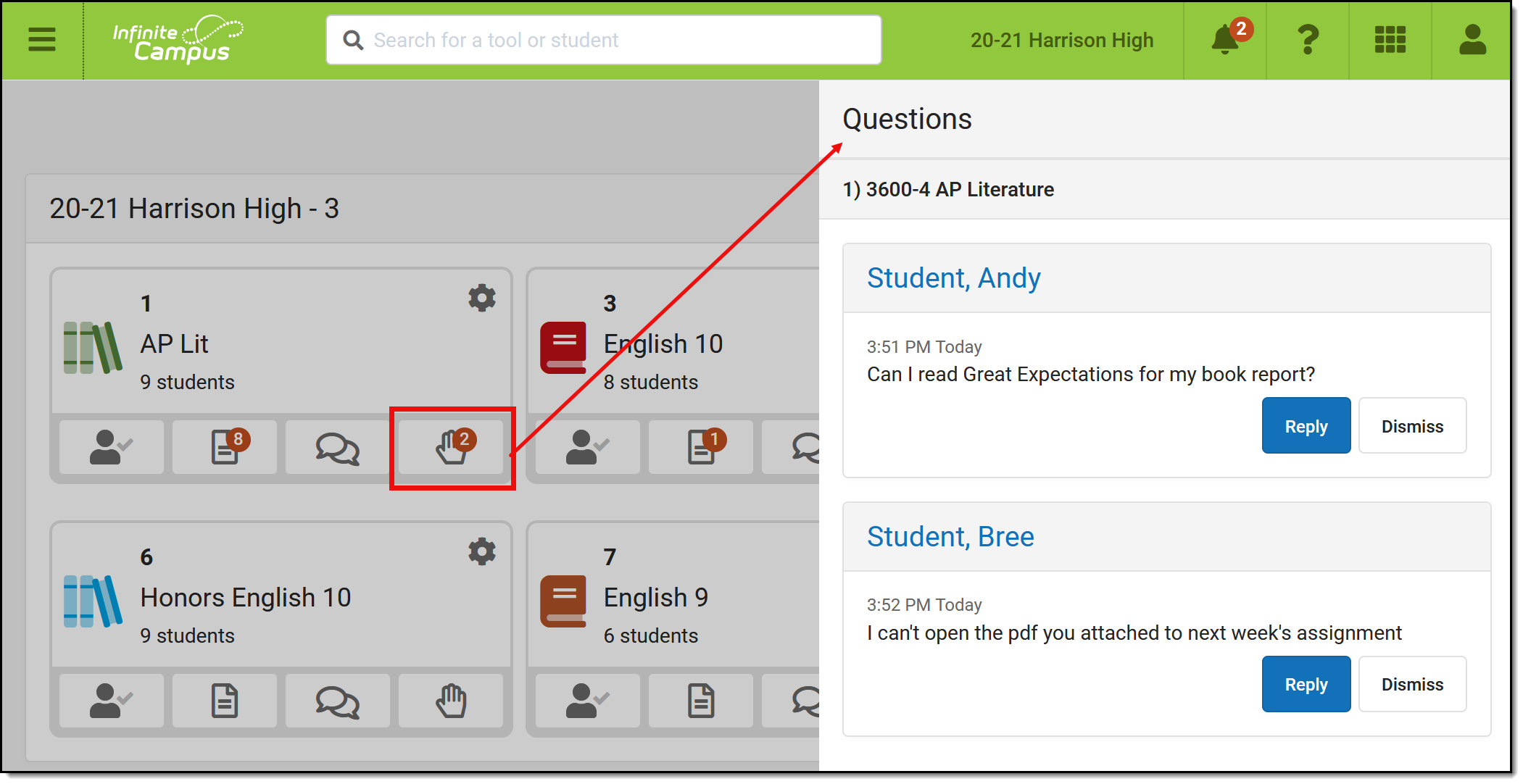Screenshot highlighting the hand raise icon for a section in the Teaching Center and the Questions side panel. 