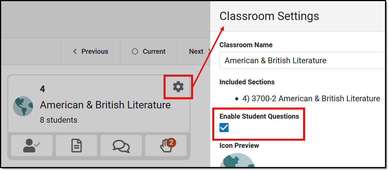 Screenshot highlighting the settings icon in the top right of a section in the teaching center and the Enable Student Questions option.