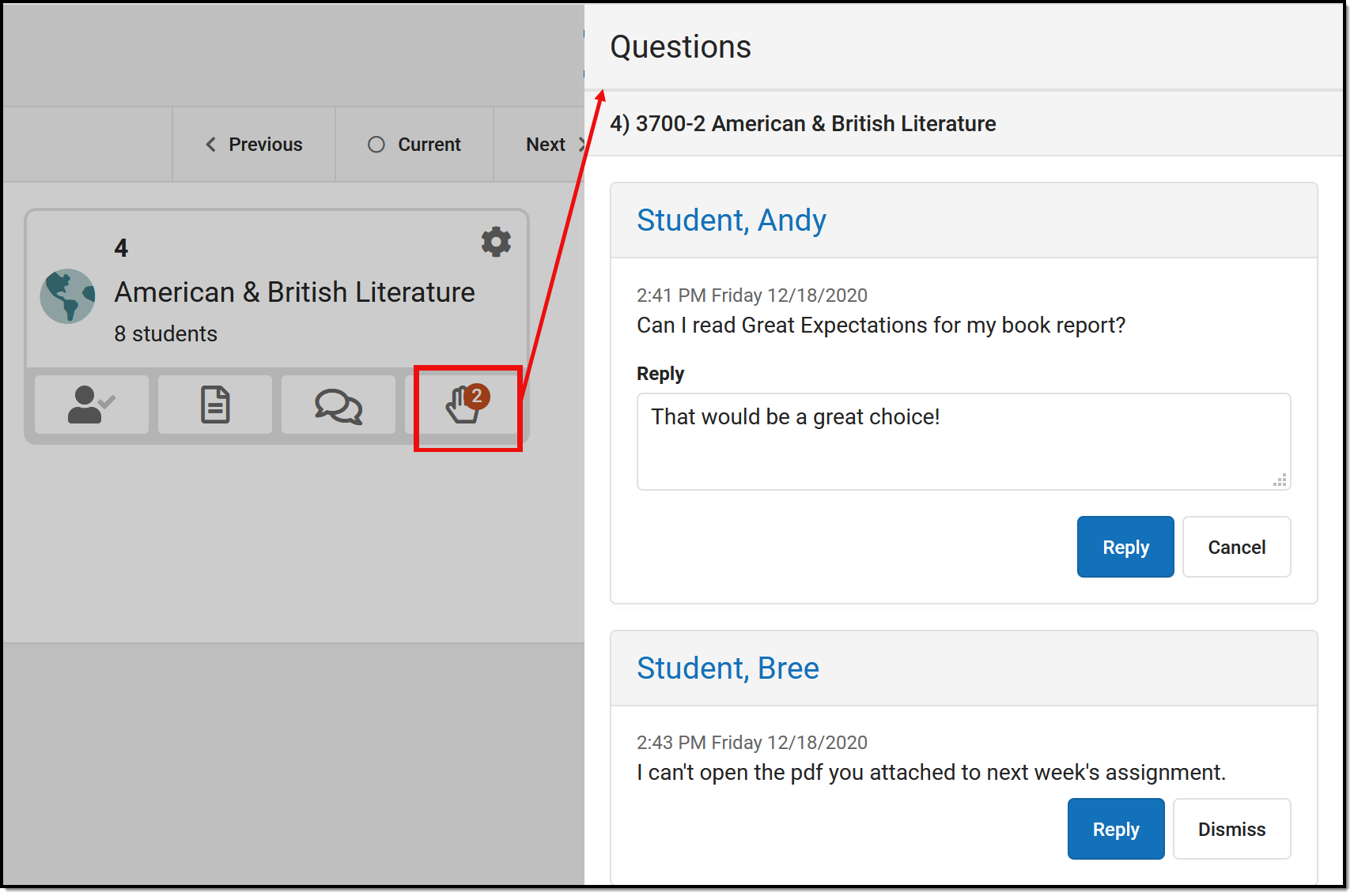 Screenshot highlighting the hand raise icon for a section in the Teaching Center and the Questions asked by a student. 