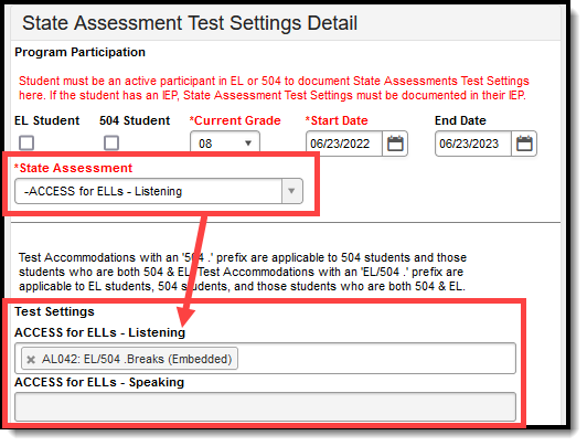 Screenshot of the State Assessment Test Settings detail fields.