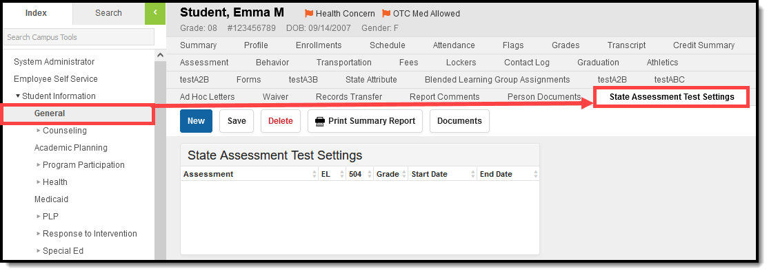 Screenshot of the State Assessment Test Settings tool.