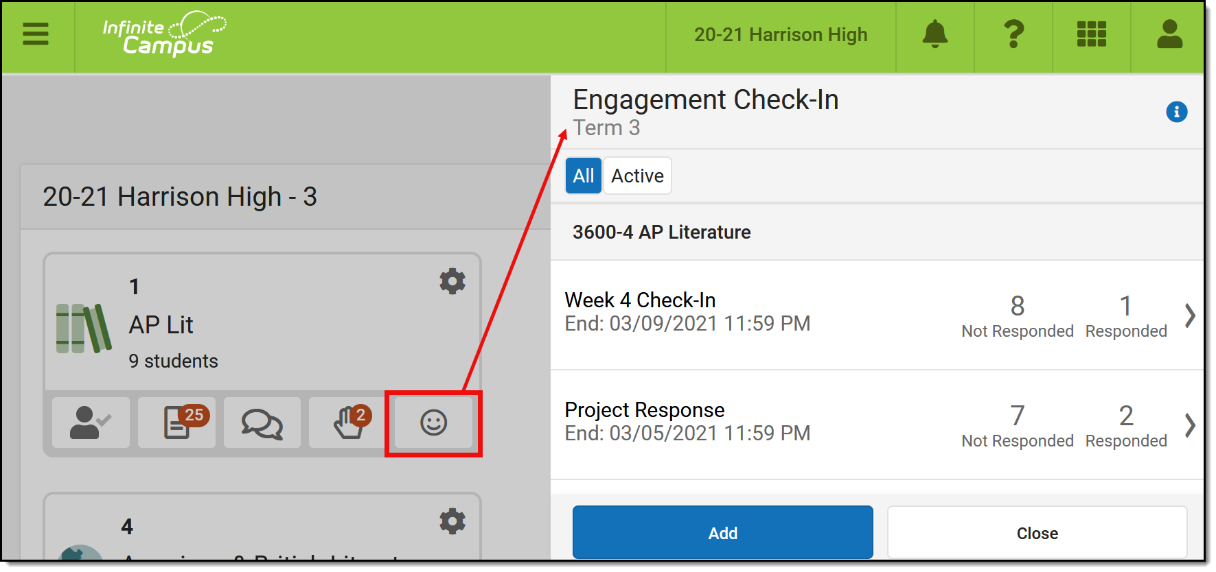 Screenshot highlighting the smile icon on the teacher center that opens the engagement check-in side panel for that section.  