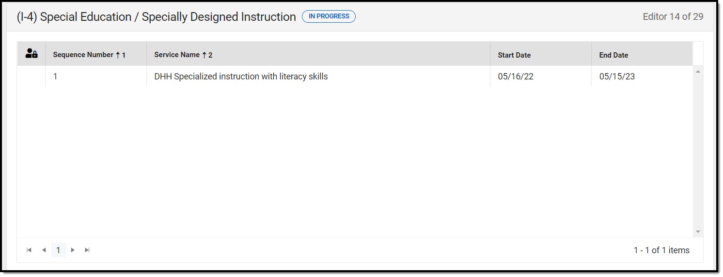 Screenshot of the Special Education/Specially Designed Instruction List Screen.  