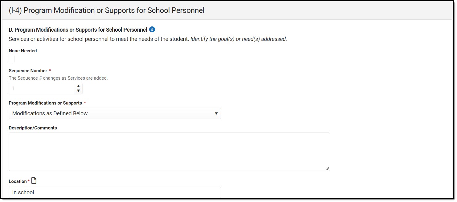 Screenshot of Program Modifications or Supports for School Personnel detail screen.