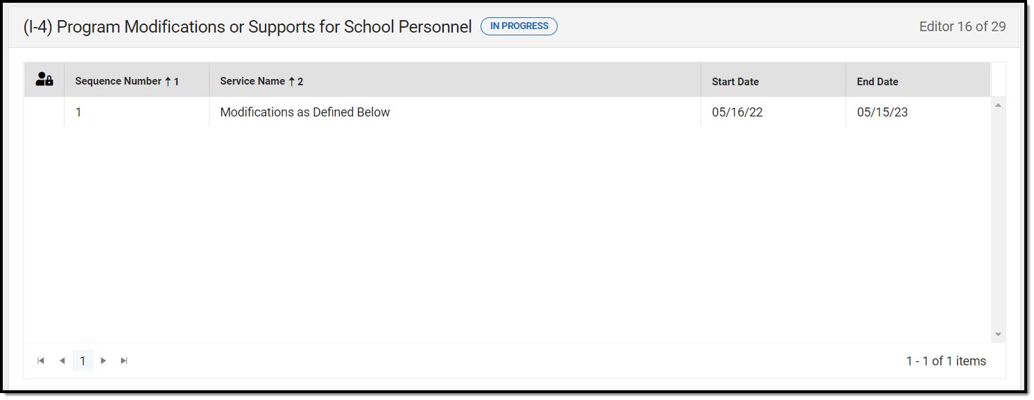 Screenshot of Program Modifications or Supports for School Personnel list screen.