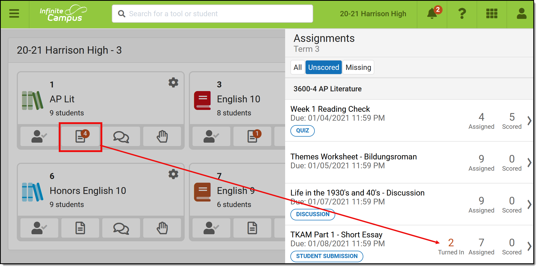 Screenshot highlighting the assignments button in the Teaching Center and the number showing the number of turned in assignments in the Assignment side panel. 