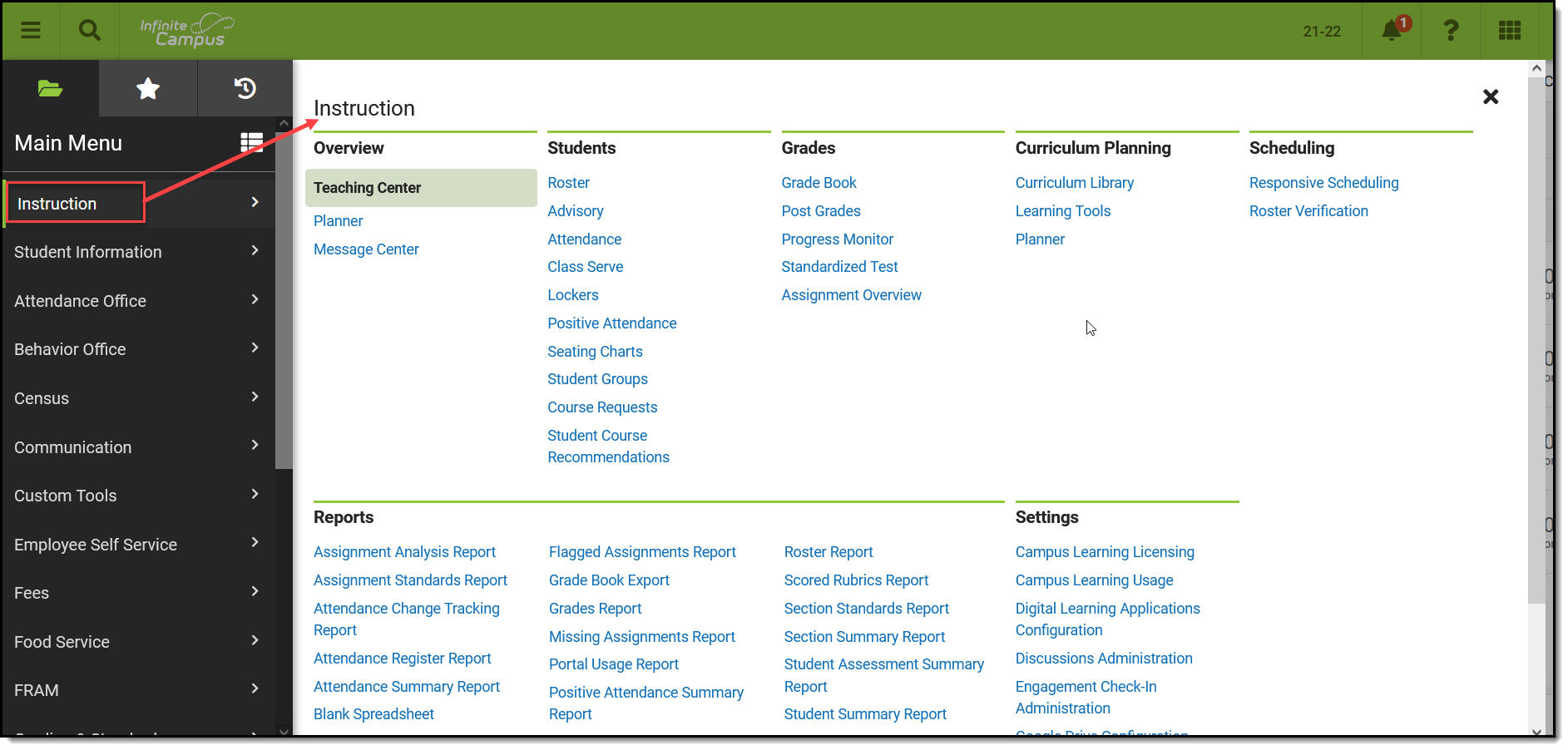 Screenshot of the index of the Instruction tools in the new look of campus. 