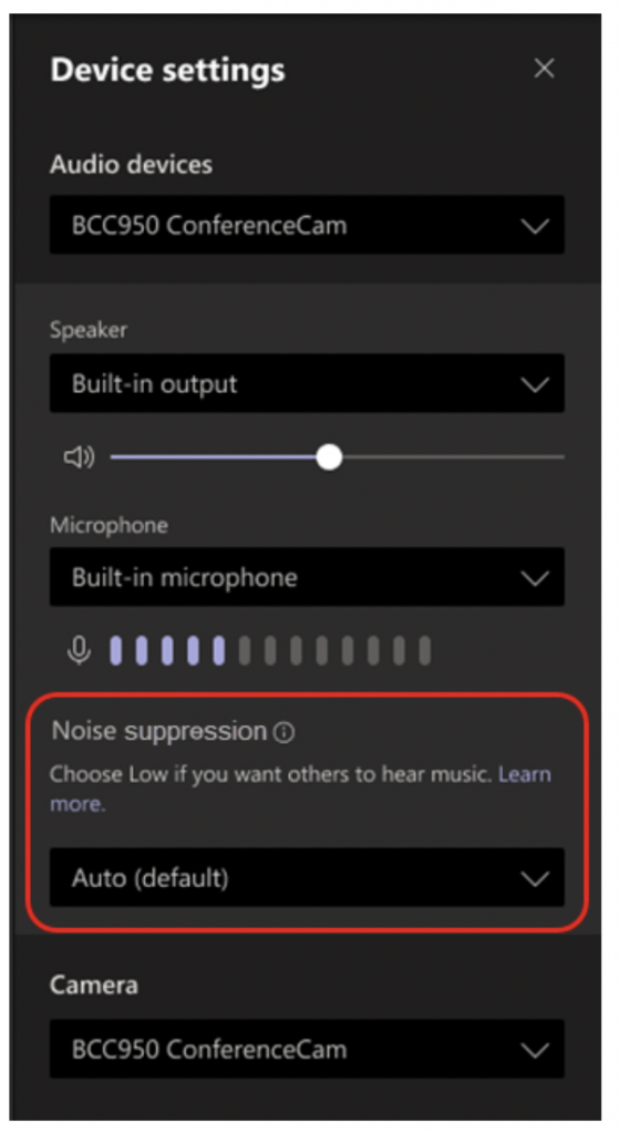 Screenshot of Noise supression settings under the Device Settings menu