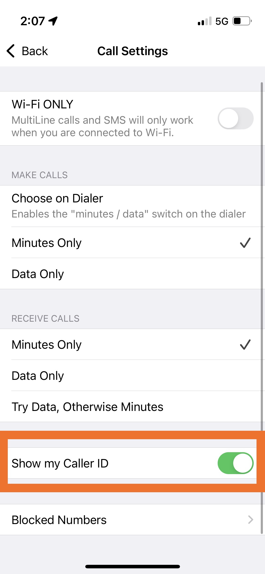 Call Settings menu Show my Caller ID highlighted