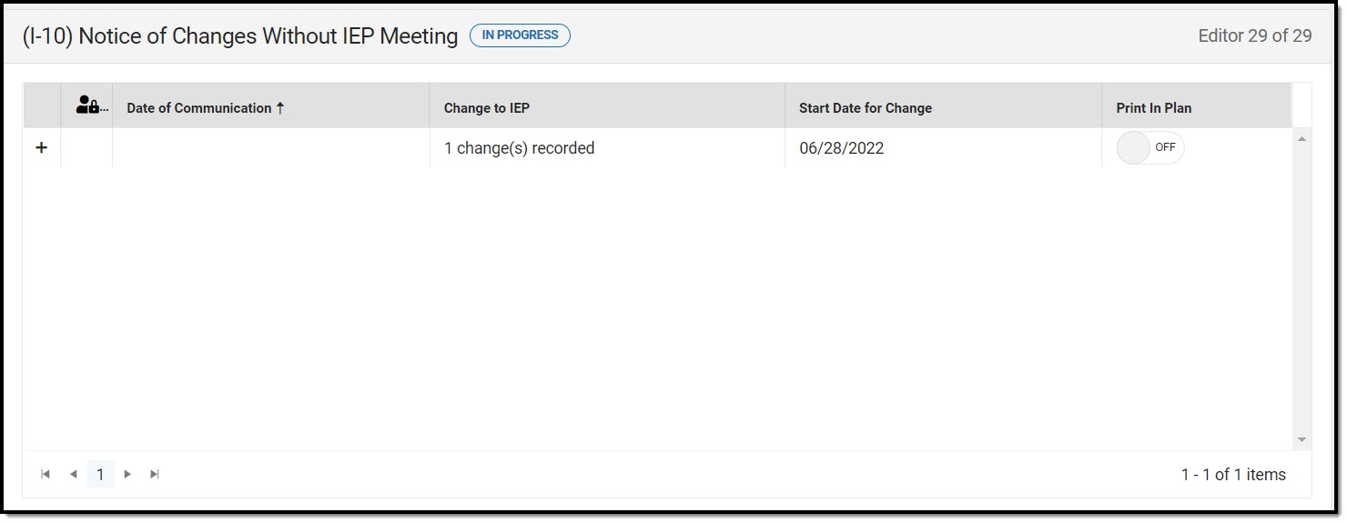 Screenshot of the notice of changes without IEP meeting list screen.