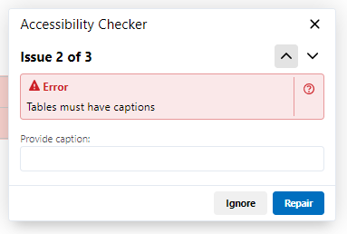 Shows Accessibility Checker results with issues and repair option