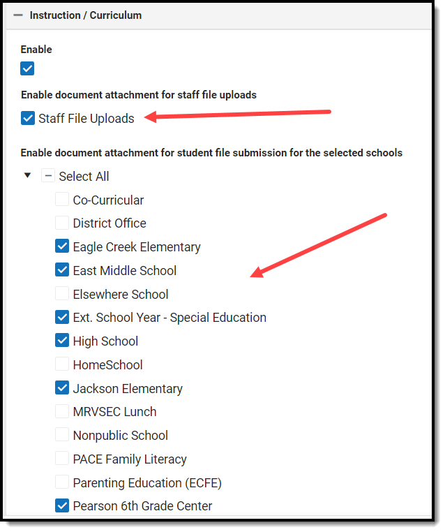 Screenshot of Instruction/Curriculum preferences with callouts on the Enable and Enable documents for file submissions by schools checkboxes. 
