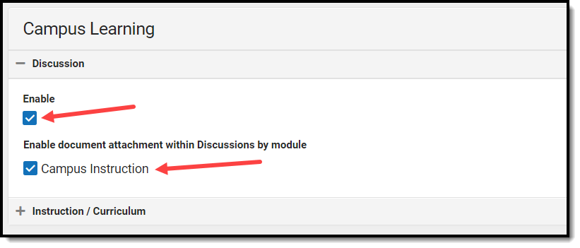 Screenshot of Discussion preferences with a callout on the Enable checkboxes. 