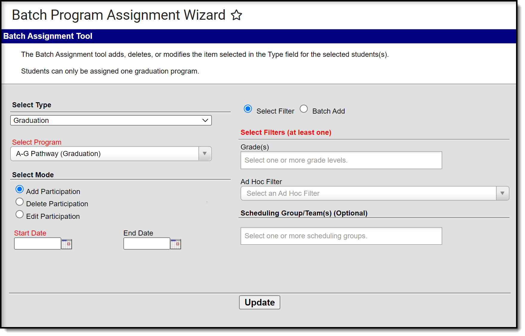 Screenshot of Batch Program Assignment Wizard tool options for selection.