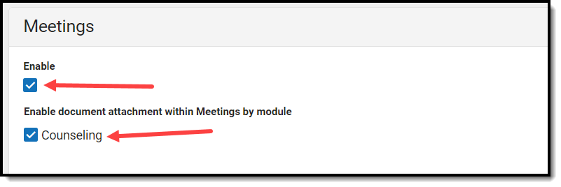 Screenshot of Meetings preferences with a callout on the Enable checkboxes. 