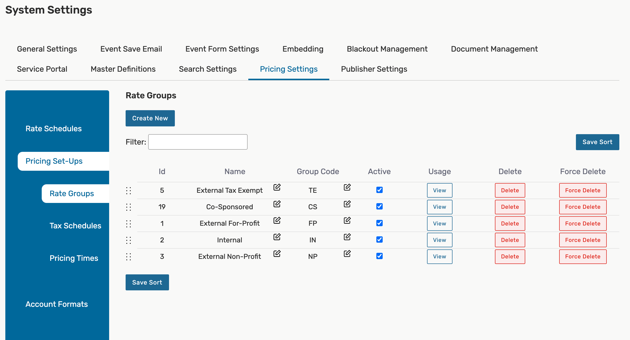 Adding and editing rate groups in 25Live System Settings > Pricing Settings.