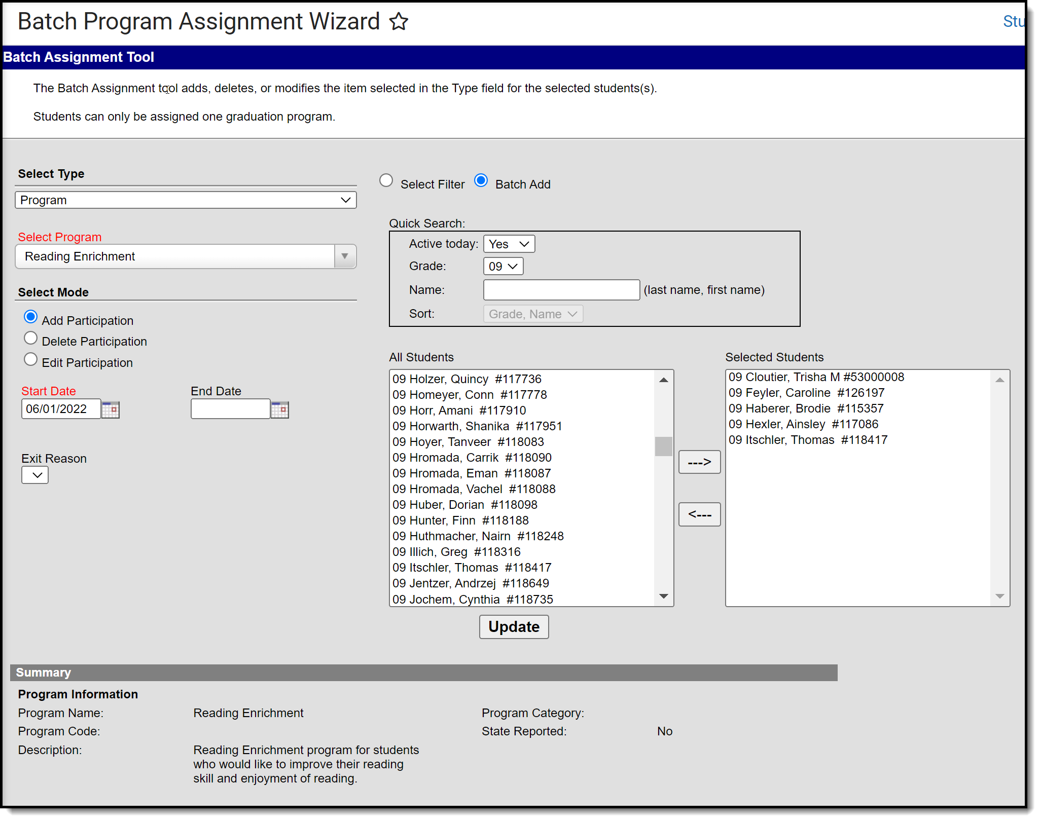Screenshot of tool using batch add options.