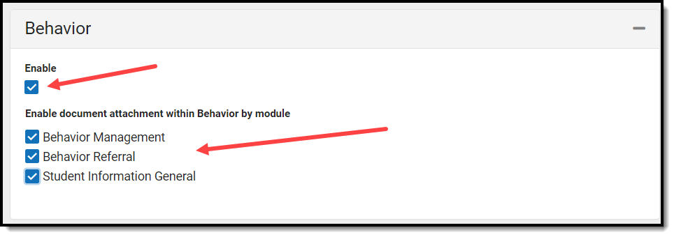 Screenshot of Behavior preferences with a callouts on Enable and Enable documents for Behavior by module. 