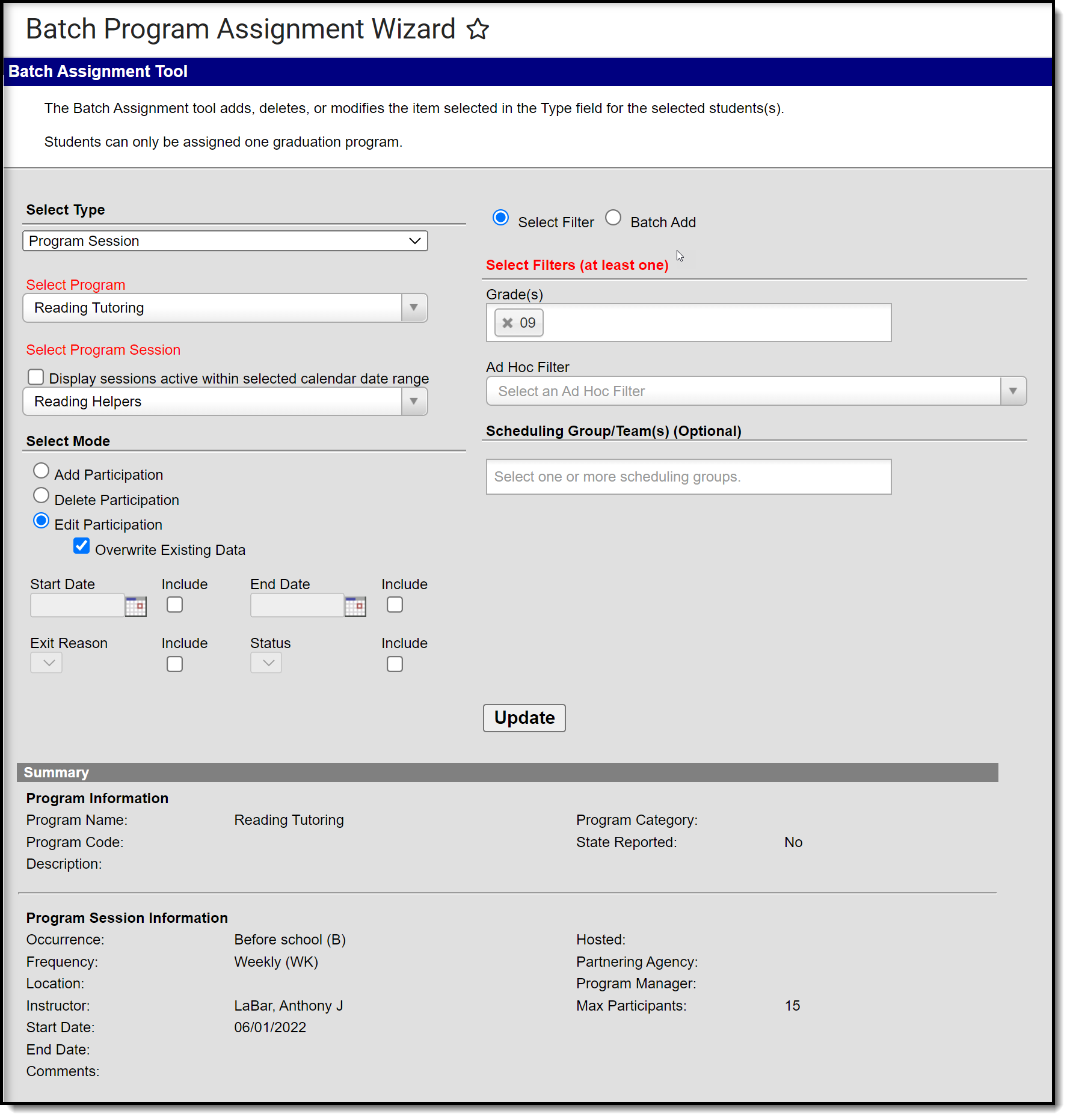 Screenshot of tool using select filter options.