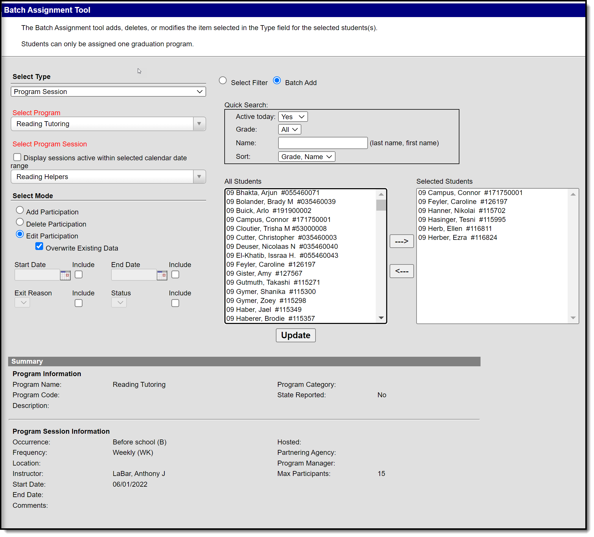 Screenshot of tool using batch add options.