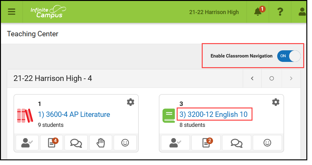 Screenshot highlighting the Enable Classroom Navigation toggle at the top right of the teaching center. 