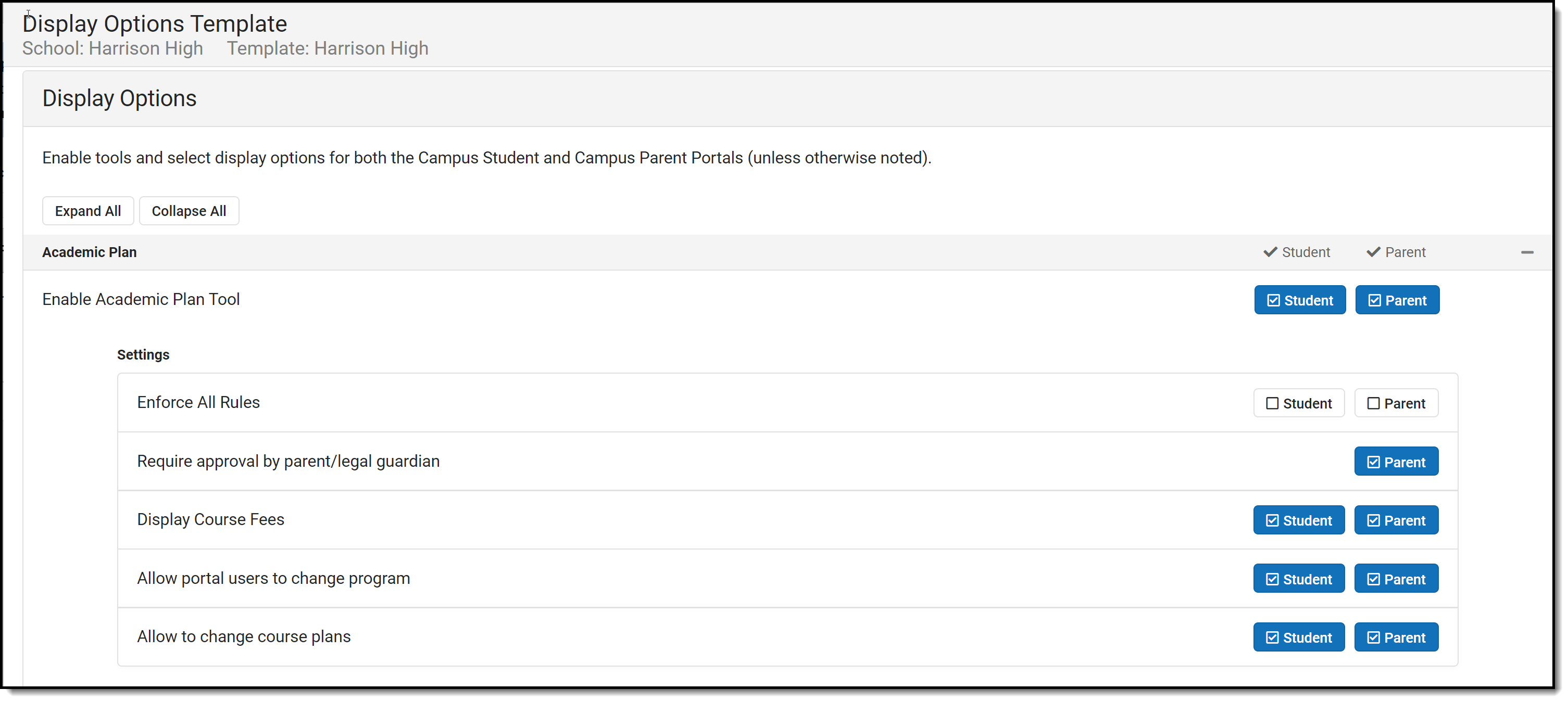 Screenshot of portal display options for Graduation Programs
