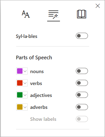A screenshot of the panel displaying grammar options