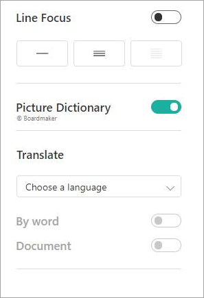 A screenshot of menu panel showing the line focus, picture dictionary, and translate.