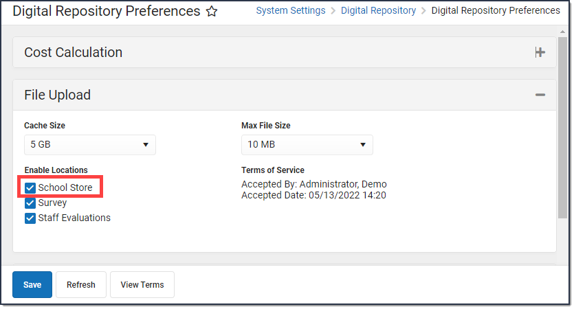 Screenshot of the Digital Repository Preferences tool with a callout around the School Store location enabled.
