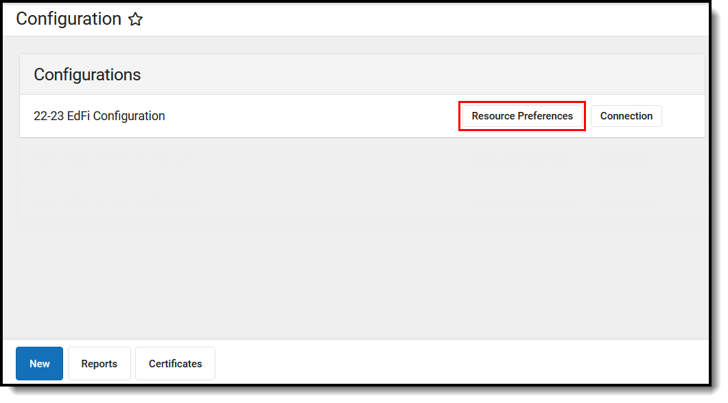 Screenshot of Ed-Fi Resource Preferences button.