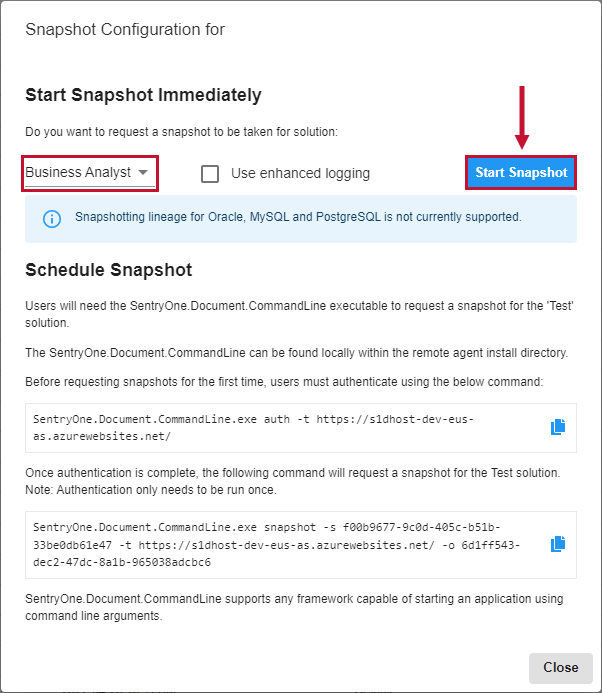 Snapshot Configuration window presenting options to schedule a snapshot and a button to start a snapshot immediately.